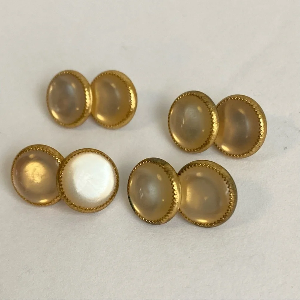 Vintage French Cufflinks Mother Of Pearl 10K Gold Moon Glow MOP 2 Pairs‎ Set